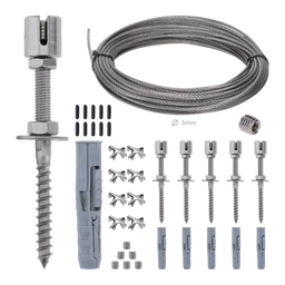 Montážna sada pre zelenú stenu (priemer lanka 3 mm) - nerez - obsahuje potrebné množstvo komponentov pre príslušný rozmer (príruby, lanka, nerezové spojky tvaru + a koncovky na lanko)