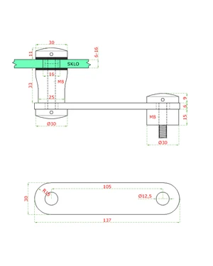 Boční kotvení na sklo 6-16 mm (ploché), jedna bodová svorka skla ø30 mm, broušená nerez K320 / AISI304, balení obsahuje gumičky na sklo - slide 1