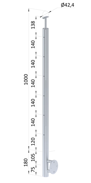nerezový stĺp, bočné kotvenie, 6 dierový priechodný na lanko, vrch pevný (ø 42.4x2mm), brúsená nerez K320 /AISI304 - slide 0