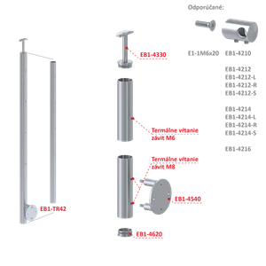 Nerezový sloup, boční kotvení, bez výplně, 4 řadový se závitem M6, vnitřní, vrch pevný, (ø 42.4x2mm), broušená nerez K320 /AISI304 - slide 1