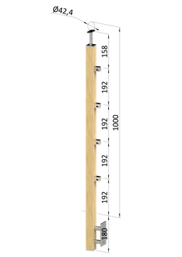 Dřevěný sloup, boční kotvení, 4 řadový, průchozí, vnitřní, vrch pevný (40x40mm), materiál: buk, broušený povrch bez nátěru