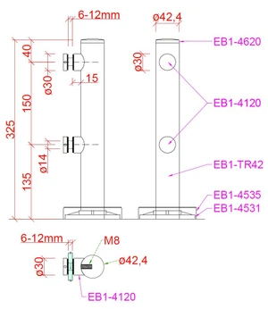 Nerezový stĺpik na sklo s dvomi svorkami ø30mm, celková výška: 325mm, pre sklo: 6-12mm brúsená nerez K320 / AISI 304. (Balenie obsahuje gumičky na sklo) - slide 2