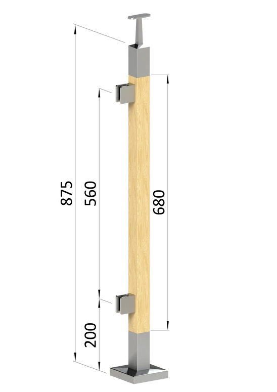 drevený stĺp, vrchné kotvenie, výplň: sklo, ľavý, vrch pevný (40x40mm), materiál: buk, brúsený povrch s náterom BORI (bezfarebný)