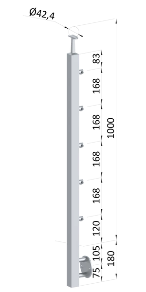 nerezový stĺp, bočné kotvenie, 5 radový priechodný, vnútorný, vrch pevný(40x40mm), brúsená nerez K320 /AISI304 - slide 0