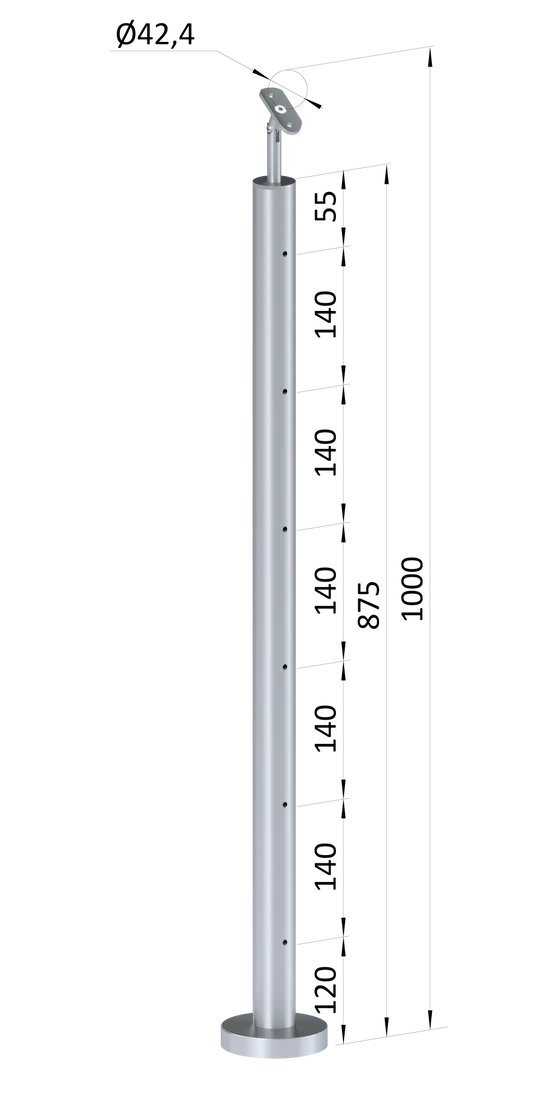 nerezový stĺp, vrchné kotvenie, 6 dierový na lanko, koncový, vrch nastaviteľný (ø 42.4x2mm), brúsená nerez K320 /AISI304
