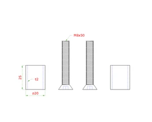 Přechod na vymezení vzdálenosti mezi sloupem (plochý) a kotevní deskou, ø 20x2,0 mm /L:25 mm, vnitřní šroub: M8x50 mm, broušená nerez K320 / AISI304, bal: 2ks - slide 1