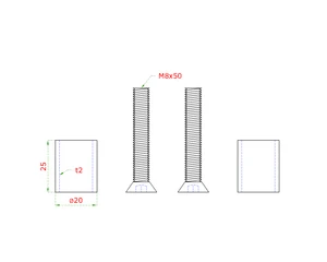 Prechod na vymedzenie vzdialenosti medzi stĺpom (plochý) a kotviacou platňou, ø 20x2.0mm /L:25mm, vnút. skrutka: M8x50mm, brúsená nerez K320 /AISI304, bal: 2ks - slide 1