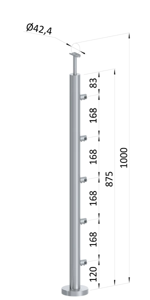 nerezový stĺp, vrchné kotvenie, 5 radový priechodný, vrch pevný (ø 42.4x2mm), brúsená nerez K320 /AISI304 - slide 0