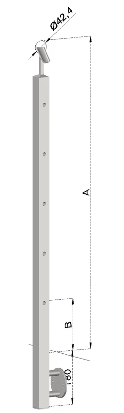 Nerezový sloup, boční kotvení, 5 děrový koncový, pravý, vrch nastavitelný, (40x40 mm), broušená nerez K320 / AISI304