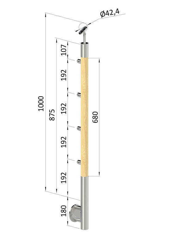 dřevěný sloup, boční kotvení, 4 řadový, průchozí, vnitřní, vrch nastavitelný (ø 42mm), materiál: buk, broušený povrch bez nátěru