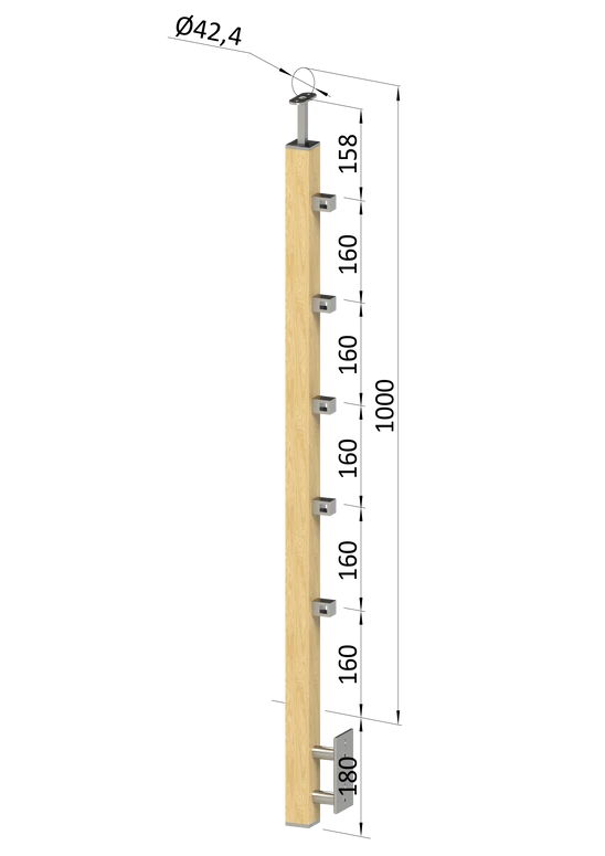 drevený stĺp, bočné kotvenie, 5 radový, priechodný, vnútorný, vrch pevný (40x40mm), materiál: buk, brúsený povrch bez náteru