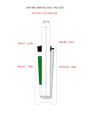 2,5 m set pro 16,76 mm sklo, k hliníkovým profilům AL-L121, AL-L131, AL-L141 a AL-L151. Obsahuje: těsnění AG-00 2,5 m, AG-17 2,5 m, podložky AP-K122 10 ks, klíny AP-K17 10 ks - slide 1