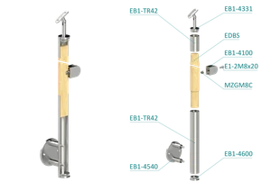 Dřevěný sloup, boční kotvení, výplň: sklo, pravý, vrch nastavitelný (ø42 mm), materiál: buk, broušený povrch s nátěrem BORI (bezbarvý) - slide 1