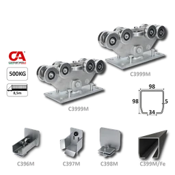 MEDIO-9 samonosný systém 98x98x5mm posuvnej brány do 500kg/8,5m otvor (C399M/Fe 1x6m čierny profil, C3999M 2ks, C396M 1ks, C397M 1ks, C398M 1ks), intenzívna prevádzka