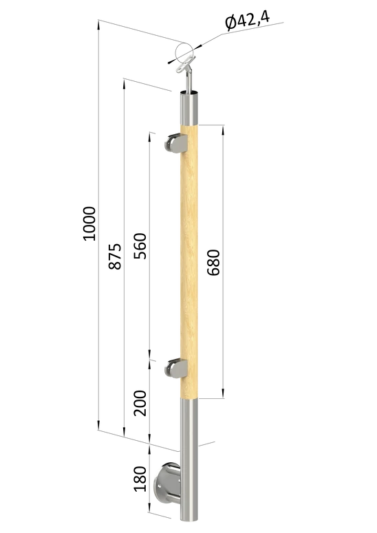 Dřevěný sloup, boční kotvení, výplň: sklo, levý, vrch nastavitelný (ø42 mm), materiál: buk, broušený povrch s nátěrem BORI (bezbarvý)