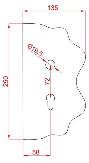 Štít 250x135x3mm s otvory, rozteč 72mm, otvor pro kliku ø 19,5mm, zdobený, pravý, pro zámek ZMH331 - slide 1