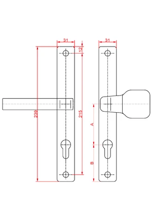 Klika AL, rozměr štítku 239 x 32 mm, rozteč 72 mm, černá prášková barva vypalovaná, s otvorem pro stavební vložku, pár - slide 1