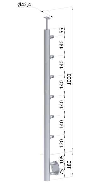 nerezový stĺp, bočné kotvenie, 6 radový priechodný, vnútorný, vrch pevný, (ø 42.4x2mm) brúsená nerez K320 /AISI304 - slide 0
