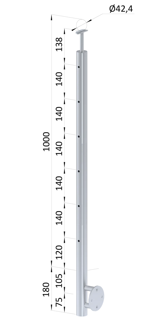 Nerezový sloup, boční kotvení, 6 děrový koncový na lanko, vrch pevný (ø 42.4x2mm), broušená nerez K320 /AISI304