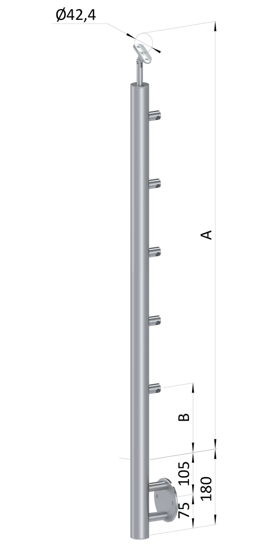 nerezový stĺp, bočné kotvenie, 5 radový priechodný, vnútorný, vrch nastaviteľný (ø 42.4x2mm), brúsená nerez K320 /AISI316