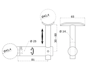 držiak madla pevný, uchytenie na trubku ø 42.4mm/madlo ø 42.4mm,  brúsená nerez K320 /AISI304 - slide 1