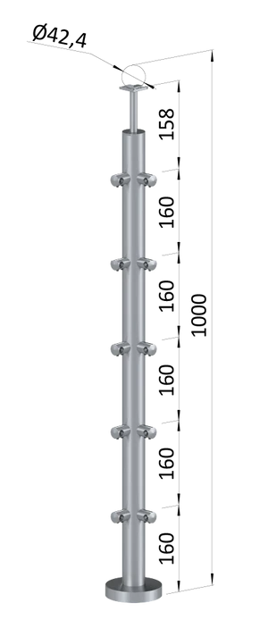 nerezový stĺp, vrchné kotvenie, 5 radový, rohový: 90°, vrch pevný (ø 42.4x2mm), brúsená nerez K320 /AISI304 - slide 0