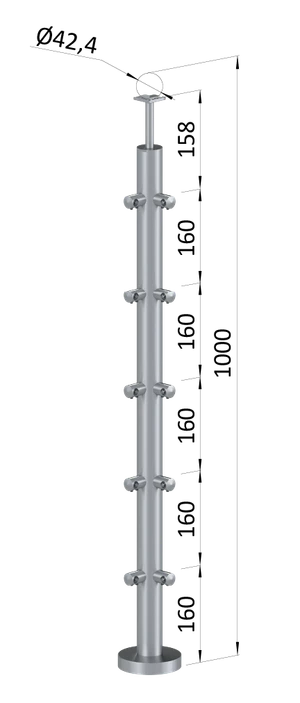 nerezový stĺp, vrchné kotvenie, 5 radový, rohový: 90°, vrch pevný (ø 42.4x2mm), brúsená nerez K320 /AISI304 - slide 0