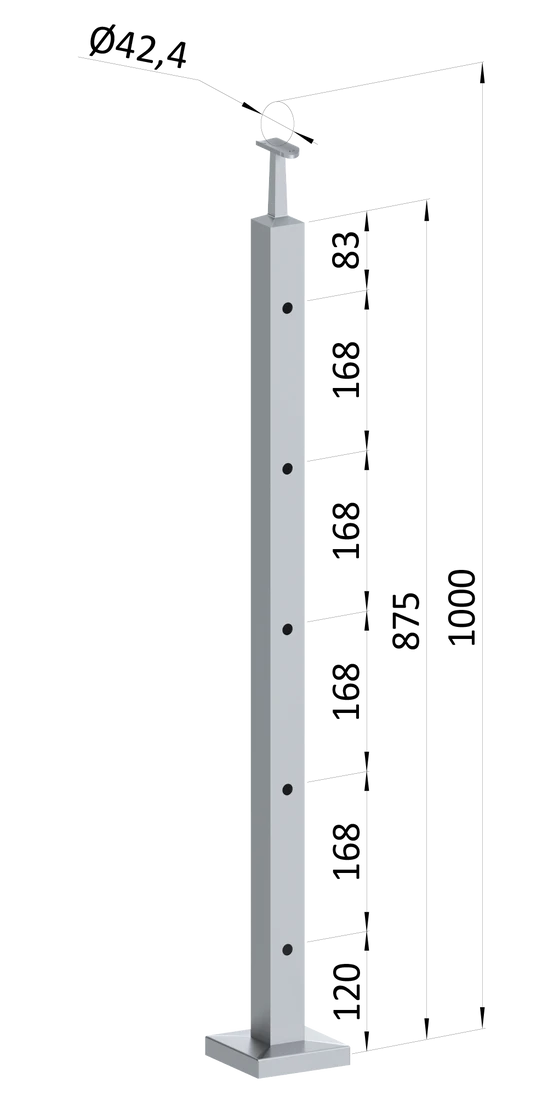 nerezový stĺp, vrchné kotvenie, 5 dierový koncový, vrch pevný (40x40mm), brúsená nerez K320 /AISI304