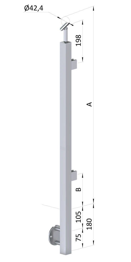 nerezový stĺp, bočné kotvenie, výplň: sklo, pravý, vrch nastaviteľný (40x40mm), brúsená nerez K320 /AISI304