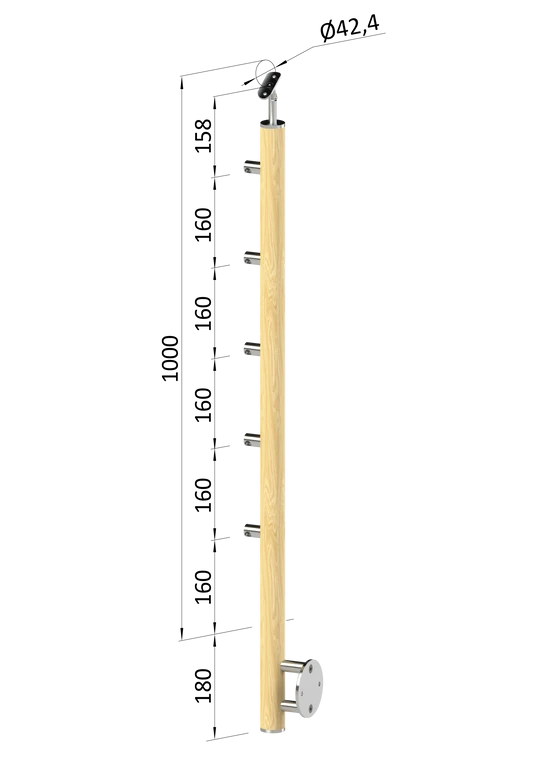 dřevěný sloup, boční kotvení, 5 řadový, průchozí, vnější, vrch nastavitelný (ø 42mm), materiál: buk, broušený povrch s nátěrem BORI (bezbarvý)