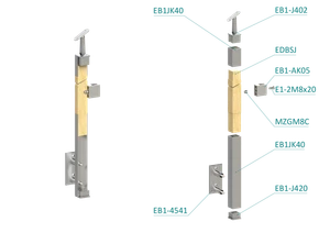 dřevěný sloup, boční kotvení, výplň: sklo, levý, vrch nastavitelný (40x40mm), materiál: buk, broušený povrch bez nátěru - slide 1