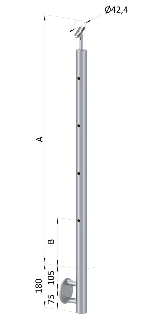 nerezový stĺp, bočné kotvenie, 4 dierový koncový, ľavý, vrch nastaviteľný (ø 42.4x2mm), brúsená nerez K320 /AISI304