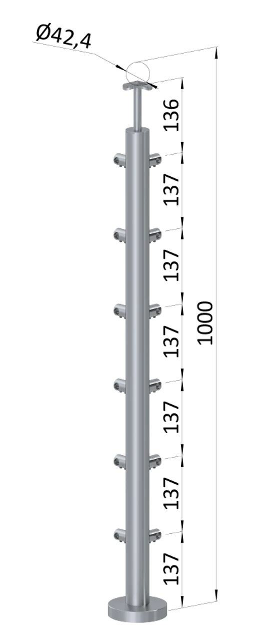 nerezový stĺp, vrchné kotvenie, 6 radový, rohový: 90°, vrch pevný (ø 42.4x2mm), brúsená nerez K320 /AISI304