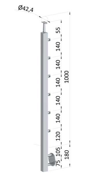 nerezový stĺp, bočné kotvenie, 6 radový priechodný, vnútorný, vrch pevný (40x40mm), brúsená nerez K320 /AISI304 - slide 0