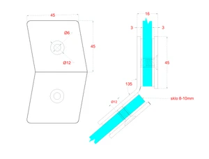 svorka skla na sklenený dverový systém, medzi sklo a sklo 135°, 45x45x16mm, hrúbka skla 8-10mm, brúsená nerez K320/AISI304 - slide 3