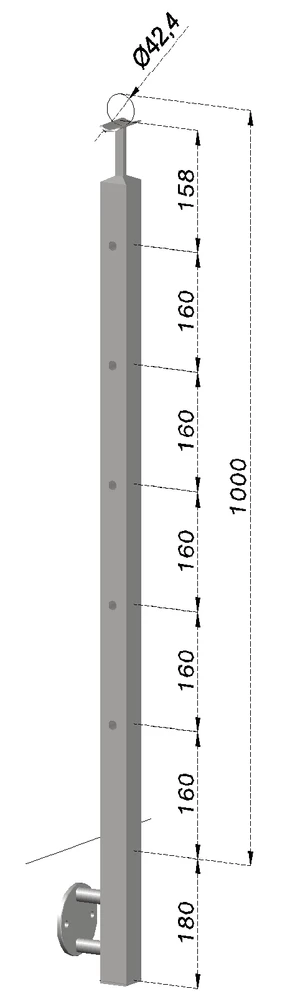nerezový stĺp, bočné kotvenie, 5 dierový koncový, ľavý, vrch pevný (40x40mm), brúsená nerez K320 /AISI304 - slide 0