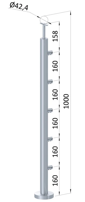 Nerezový sloup, vrchní kotvení, 5 řadový průchodný, vrch pevný, (ø42,4x2 mm), broušená nerez K320 / AISI304 - slide 0