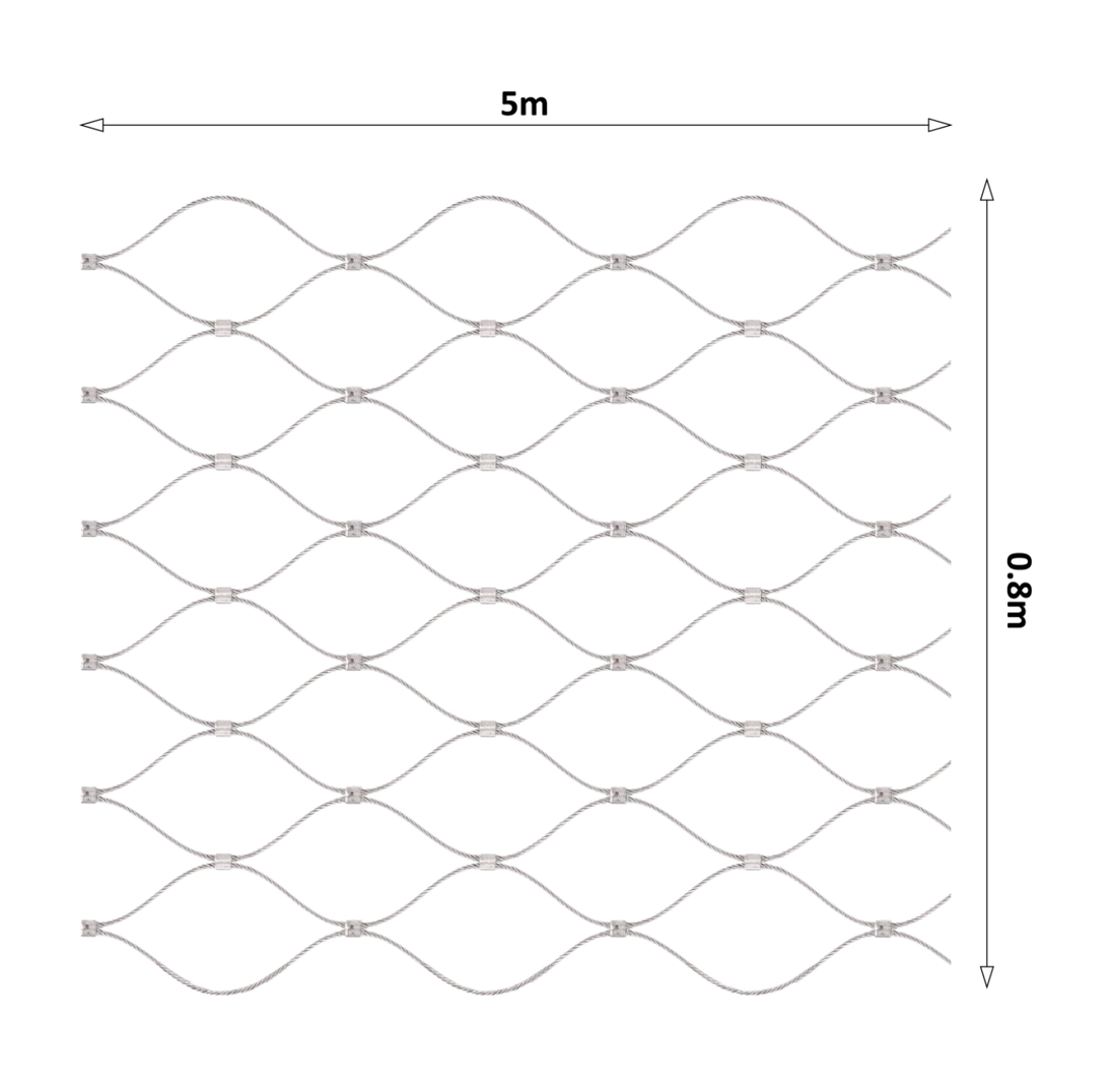 Nerezová lanková síť, 0,8 m x 5m (šxd), oko 50x50 mm, tloušťka lanka 2 mm, AISI316, síť neni ukončena oky pro provlečení lanka