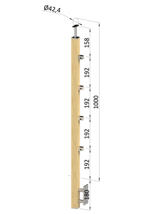 dřevěný sloup, boční kotvení, 4 řadový, průchozí, vnitřní, vrch pevný (40x40mm), materiál: buk, broušený povrch bez nátěru - slide 0