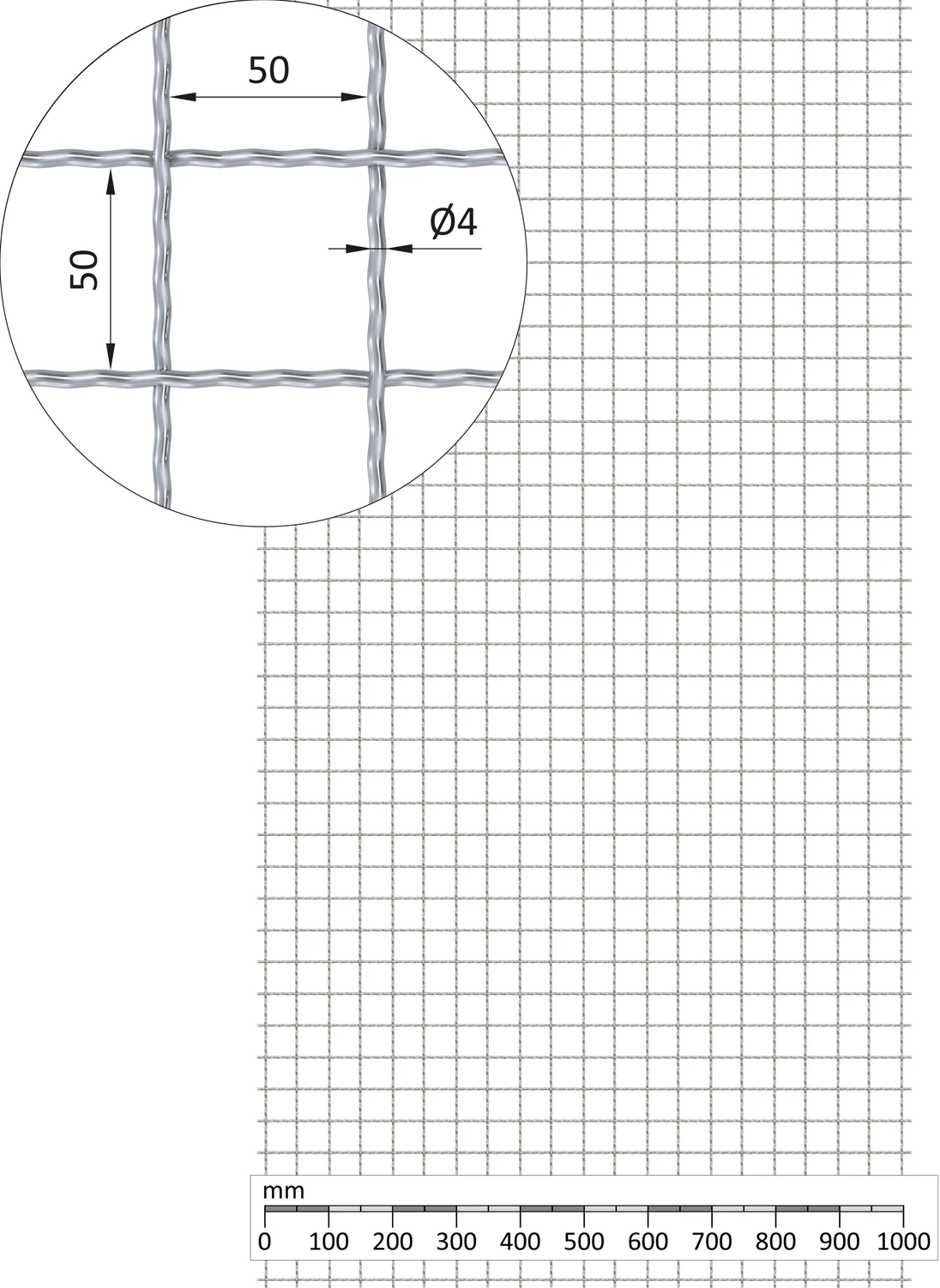 Rebierkové pletené sito - rovné, oko: 50x50mm, priemer pletiva 4mm, rozmer 1000x2000mm, materiál: Nerez /AISI 304