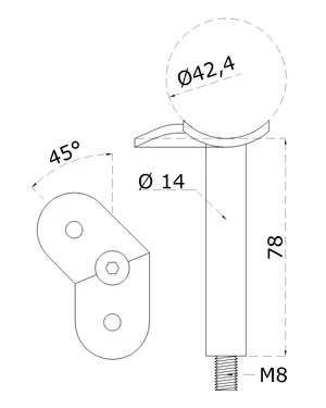 držiak madla (45° uhol) na trubku ø 42.4mm (78mm /závit M8), brúsená nerez K320 /AISI304 - slide 1