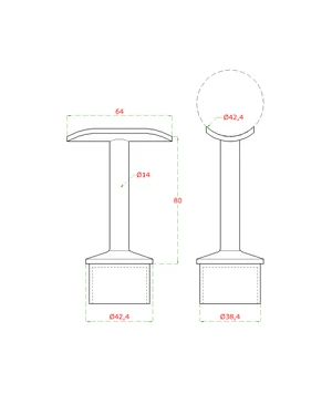 držiak madla pevný na trubku ø 42.4mm (80x64mm) na madlo ø42.4 mm, brúsená nerez K320 /AISI304 - slide 1