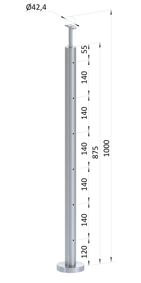 Nerezový sloup, vrchní kotvení, 6 děrový na lanko, průchozí, vrch pevný (ø 42.4x2mm), broušená nerez K320 /AISI304