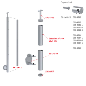 Nerezový sloup, boční kotvení, bez výplně, 5 řadový se závitem M6, vnější, vrch pevný, (ø 42.4x2mm), broušená nerez K320 /AISI304 - slide 1