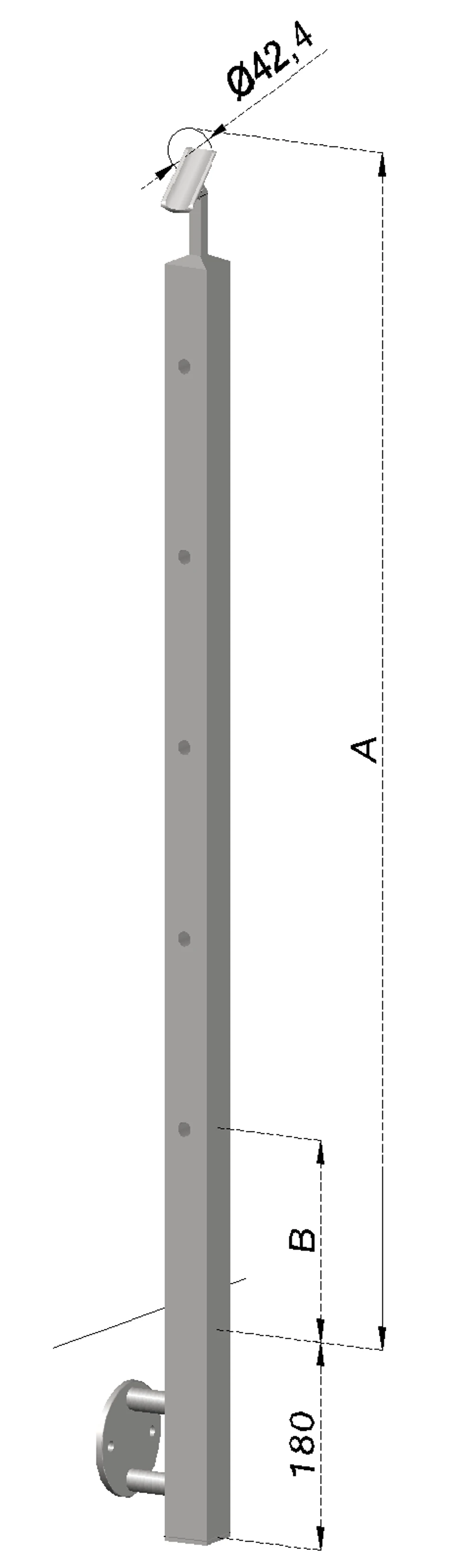 Nerezový sloup, boční kotvení, 5 děrový koncový, levý, vrch nastavitelný, (40x40 mm), broušená nerez K320 / AISI304