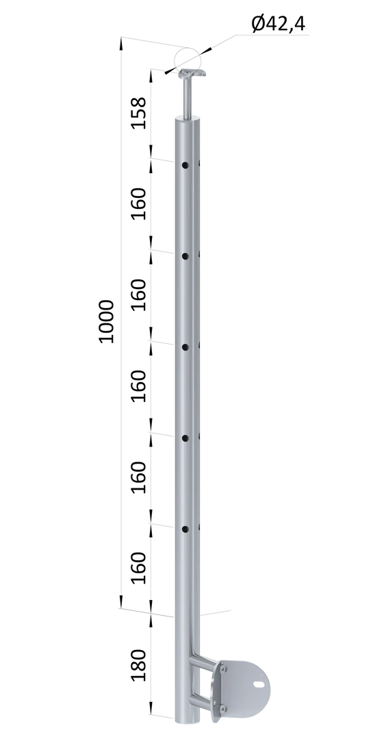 nerezový stĺp, bočné kotvenie rohové, 5 dierový, rohový:90°, vrch pevný (ø 42.4x2mm), brúsená nerez K320 /AISI304