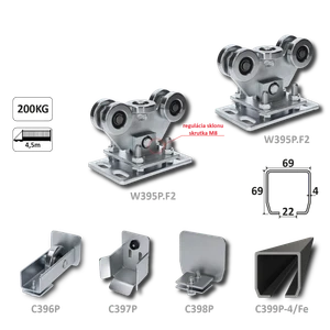Samonosný systém 69x69x4 pro posuvné brány do 200 kg / 4,5 m otvor (C399P-4/Fe 1x6m černý profil, W395P.F2 2ks, C396P 1ks, C397P 1ks, C398P 1ks) - slide 1