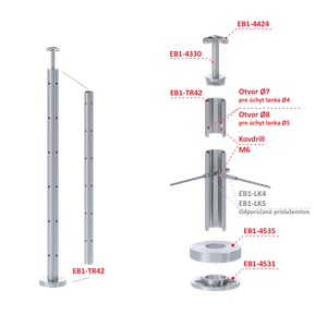 Nerezový sloup, vrchní kotvení, 6 děrový na lanko, rohový: 90°, vrch pevný (ø 42.4x2mm), broušená nerez K320 /AISI304 - slide 2