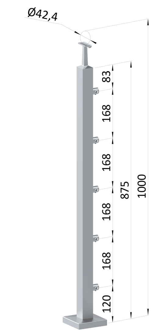 nerezový stĺp, vrchné kotvenie, 5 radový priechodný, vrch pevný (40x40mm), brúsená nerez K320 /AISI304
