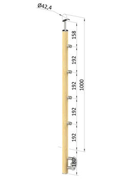 Dřevěný sloup, boční kotvení, 4 řadový, průchozí, vnitřní, vrch pevný (ø 42mm), materiál: buk, broušený povrch s nátěrem BORI (bezbarvý)
